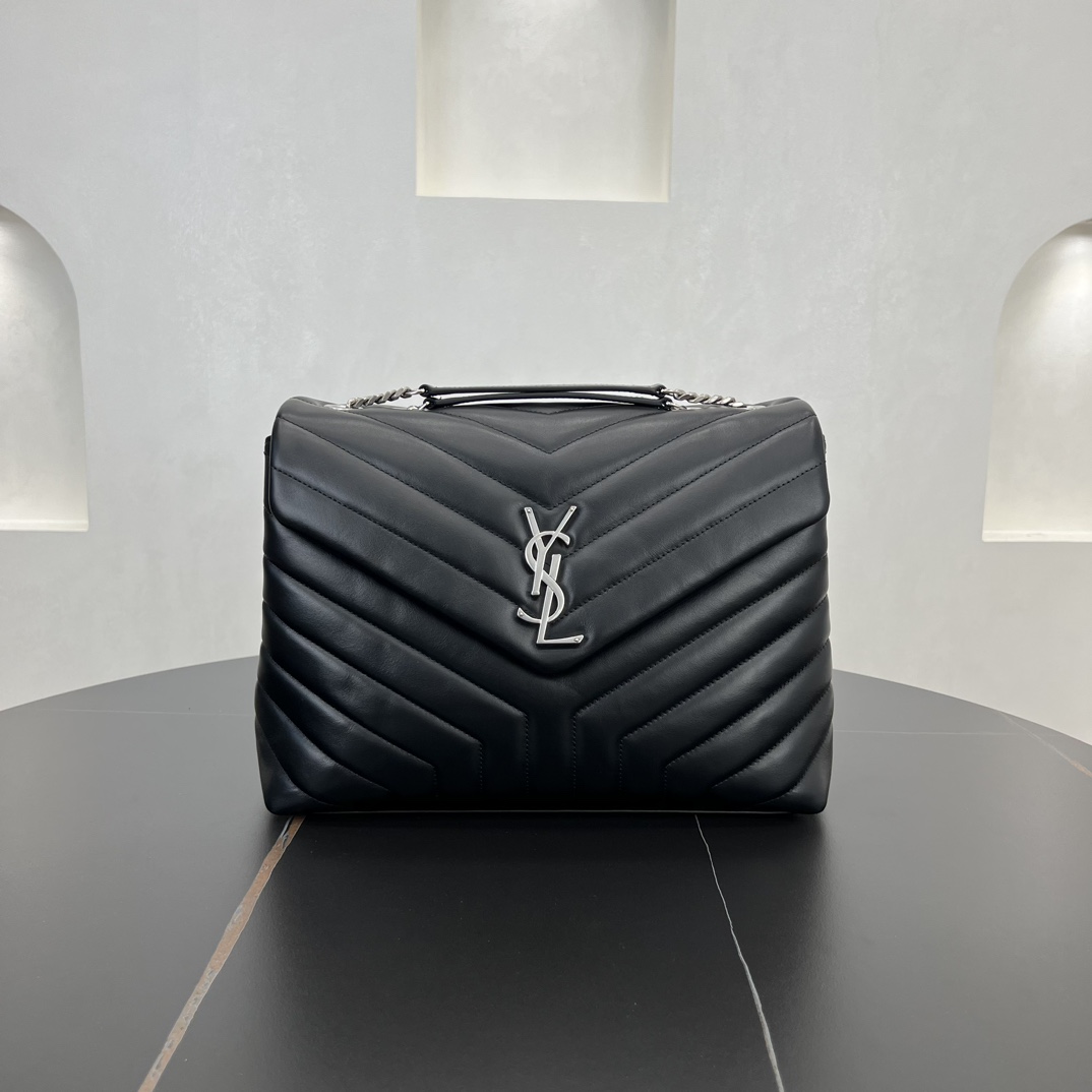 Saint Laurent Loulou Quilted Calfskin Shoulder Bag Handbag Black 457749 Silver